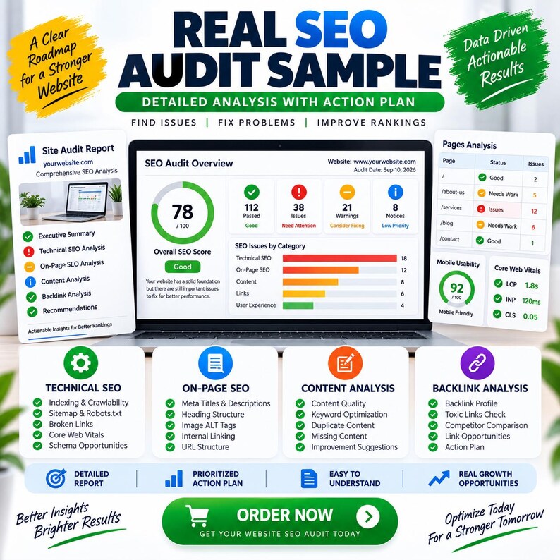 Puede incluir: Un gr&aacute;fico digital que muestra un ejemplo de auditor&iacute;a SEO real con una pantalla de port&aacute;til central que muestra una puntuaci&oacute;n global de 78, detalles del informe de auditor&iacute;a del sitio, an&aacute;lisis de p&aacute;ginas y secciones de SEO t&eacute;cnico y contenido.