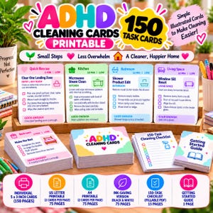 May include: A set of ADHD cleaning cards featuring 150 task cards, a cleaning checklist, and a getting started guide. The cards include categories like kitchen, bathroom, and living space with instructions for 5 x 3 inch cards.