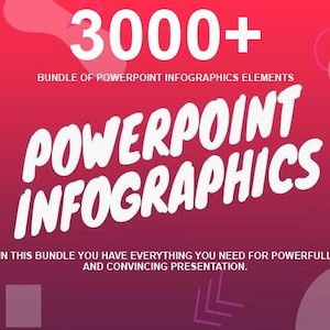 May include: A red and purple graphic with the text "3000+" and "Powerpoint Infographics" in white. The text "Bundle of Powerpoint Infographics Elements" is also present. The bottom of the graphic reads "In this bundle you have everything you need for powerfull and convincing presentation."