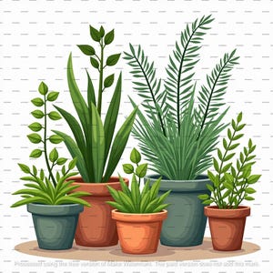 以下が含まれることがあります： 緑の葉を持つ鉢植えの植物のイラスト。鉢はテラコッタ、グレー、オレンジなど、さまざまなサイズと色があります。植物はさまざまな葉の形と質感を持っており、多様な配置をしています。