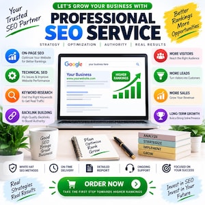 Puede incluir: Un gr&aacute;fico de marketing digital para servicios de SEO profesional con un port&aacute;til que muestra un resultado de b&uacute;squeda de Google con un gr&aacute;fico de crecimiento verde. Incluye listas de estrategias, beneficios y un bot&oacute;n de Pedir ahora con un icono.