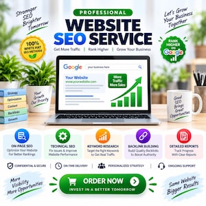 Puede incluir: Un gr&aacute;fico de marketing digital para servicios profesionales de SEO web que muestra un port&aacute;til con una interfaz de b&uacute;squeda de Google y un gr&aacute;fico de crecimiento, rodeado de texto, iconos y distintivos promocionales.