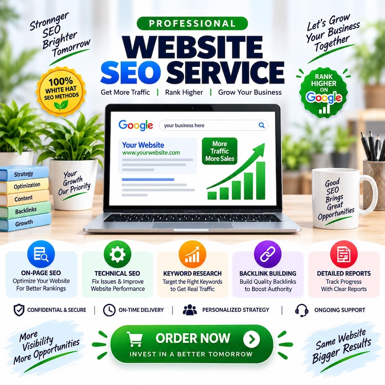 Puede incluir: Un gr&aacute;fico de marketing digital para servicios profesionales de SEO web que muestra un port&aacute;til con una interfaz de b&uacute;squeda de Google y un gr&aacute;fico de crecimiento, rodeado de texto, iconos y distintivos promocionales.