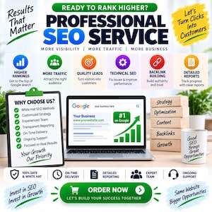 Puede incluir: Un anuncio de servicio SEO profesional con un port&aacute;til que muestra un resultado de b&uacute;squeda de Google, un portapapeles con una lista de beneficios y una pila de bloques de madera etiquetados con estrategia, optimizaci&oacute;n, contenido, enlaces y crecimiento.