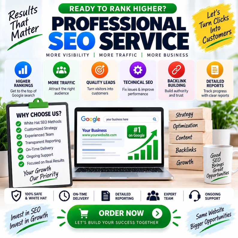 Puede incluir: Un anuncio de servicio SEO profesional con un port&aacute;til que muestra un resultado de b&uacute;squeda de Google, un portapapeles con una lista de beneficios y una pila de bloques de madera etiquetados con estrategia, optimizaci&oacute;n, contenido, enlaces y crecimiento.