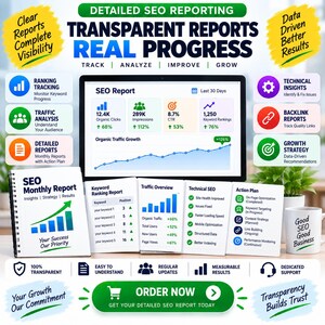 Puede incluir: Un gr&aacute;fico de marketing digital que muestra servicios de informes SEO. La imagen presenta una pantalla de computadora con un informe SEO que incluye clics org&aacute;nicos, impresiones, CTR y clasificaciones de palabras clave, junto a informes impresos y una taza.