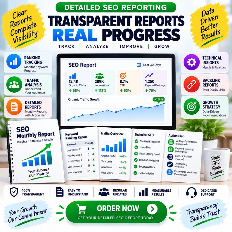 Puede incluir: Un gr&aacute;fico de marketing digital que muestra servicios de informes SEO. La imagen presenta una pantalla de computadora con un informe SEO que incluye clics org&aacute;nicos, impresiones, CTR y clasificaciones de palabras clave, junto a informes impresos y una taza.