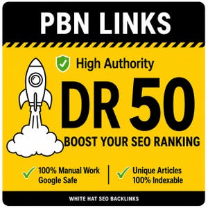 Peut inclure: Un graphique carré avec un fond jaune et des bordures noires présentant une illustration de fusée blanche. Le texte inclut PBN LINKS, High Authority, DR 50, BOOST YOUR SEO RANKING, 100% Manual Work, Google Safe, Unique Articles, 100% Indexable et WHITE HAT SEO BACKLINKS.