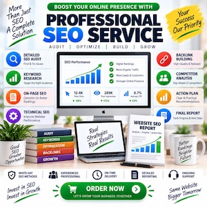 Puede incluir: Un anuncio de servicio SEO profesional con un monitor de computadora que muestra m&eacute;tricas de rendimiento, una computadora port&aacute;til con el texto Real Strategies Real Results, una pila de libros coloridos y una taza con el texto Better Rankings Brighter Future.