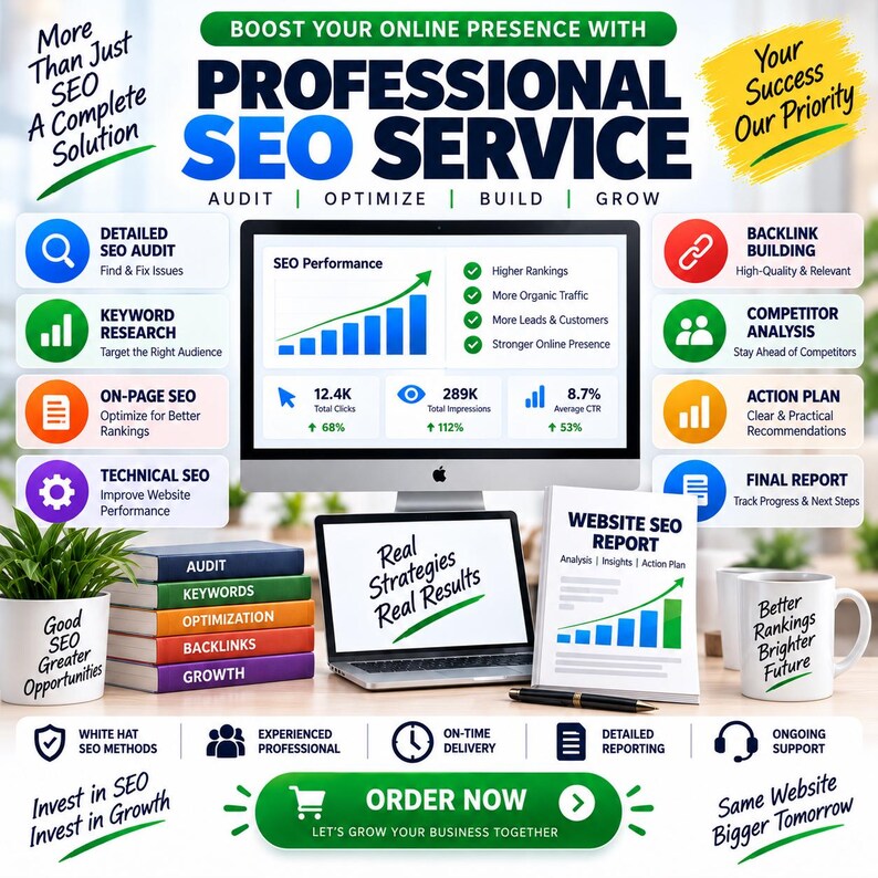 Puede incluir: Un anuncio de servicio SEO profesional con un monitor de computadora que muestra m&eacute;tricas de rendimiento, una computadora port&aacute;til con el texto Real Strategies Real Results, una pila de libros coloridos y una taza con el texto Better Rankings Brighter Future.