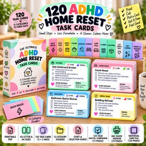 Könnte beinhalten: Ein Set aus 120 ADHD-Haushalts-Task-Karten in einer Box, unterteilt in 12 Kategorien mit farbigen Trennblättern. Die Karten enthalten spezifische Reinigungsaufgaben, Zeitangaben und Schwierigkeitsgrade sowie digitale Begleitmaterialien.