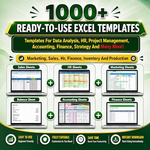 1000+ Excel Templates Bundle | Business, Accounting, HR, Sales, Marketing & Project Management Spreadsheets | Instant Digital Download