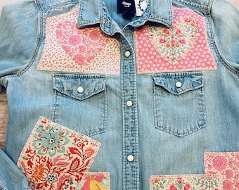 Denim shirt embroidered and patched