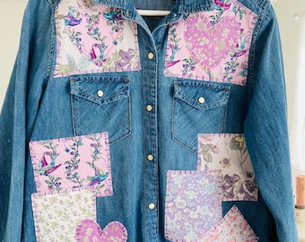 Denim shirt embroidered and patched