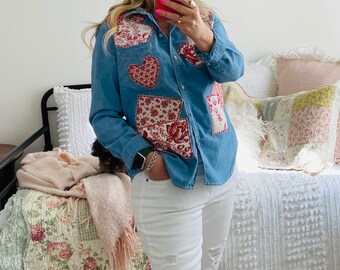 Denim shirt embroidered and patched