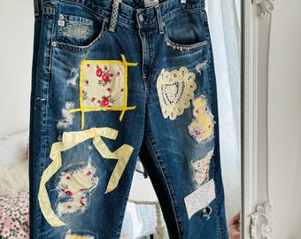 AG-jeans voor dames/patchwork en borduursels, maat 10