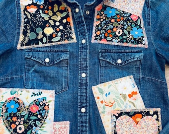 Denim shirt embroidered and patched/ size medium