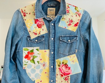 Denim shirt embroidered and patched