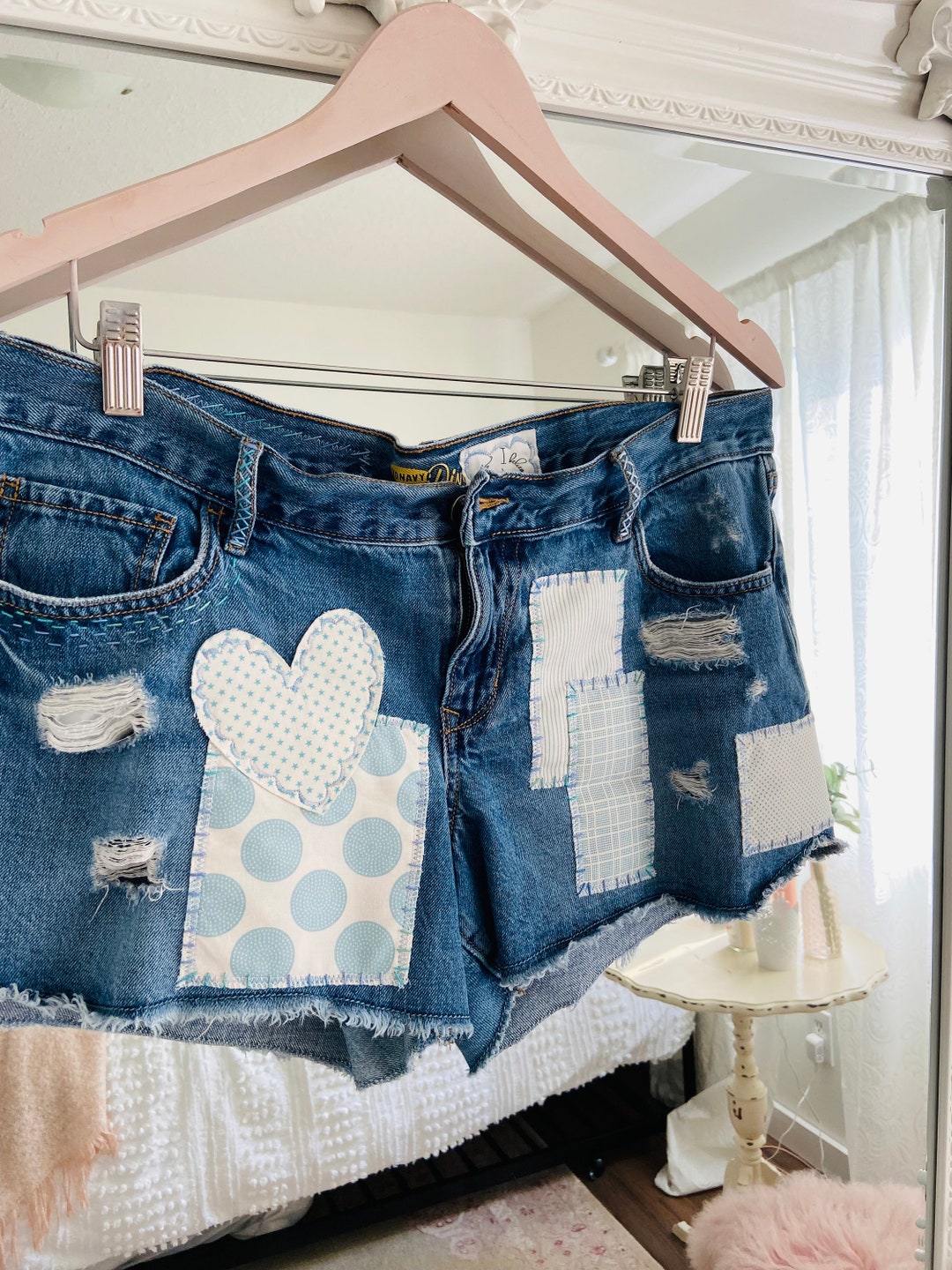 Womens Denim Shorts/patched and Embroidered Size 12 Etsy