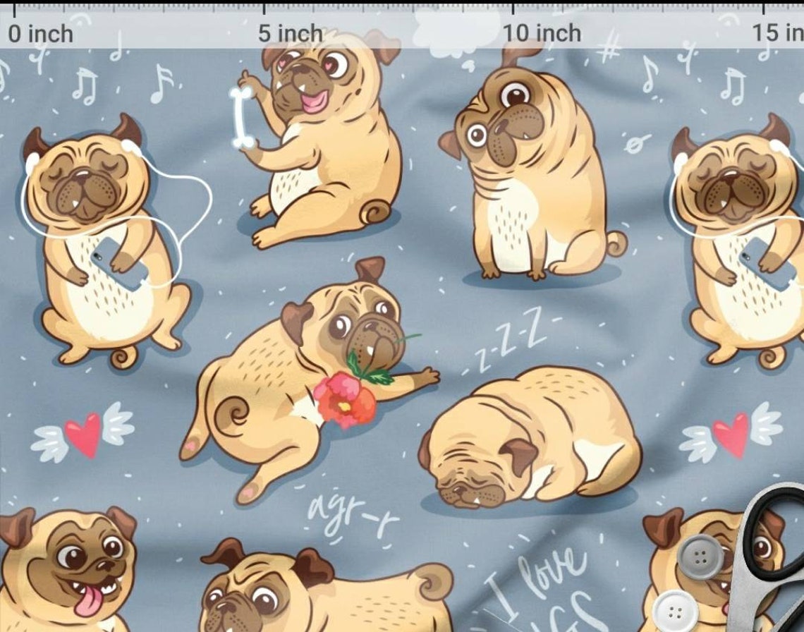 PUG FABRIC Cotton fabric by the yard DOG print Quilting Etsy