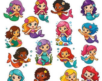 Paquete de imágenes prediseñadas de sirena kawaii PNG y JPG