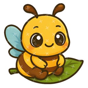 May include: A cartoon illustration of a smiling bee with a yellow body, brown stripes, and large eyes. The bee has brown antennae and light blue wings. It is sitting on a green leaf.