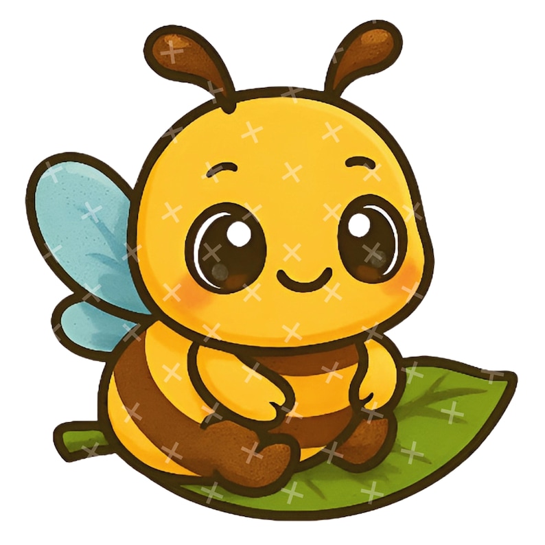 May include: A cartoon illustration of a smiling bee with a yellow body, brown stripes, and large eyes. The bee has brown antennae and light blue wings. It is sitting on a green leaf.