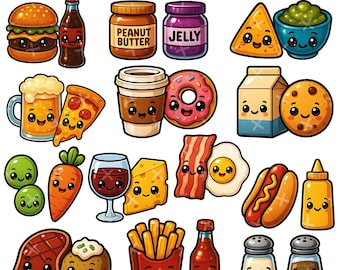 Paquete de imágenes prediseñadas de pares de alimentos kawaii: PNG y JPG (descarga digital)