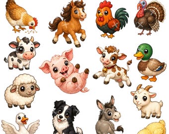 Paquete de imágenes prediseñadas de animales de granja kawaii en formato PNG y JPG