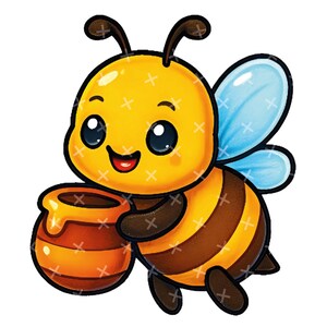 May include: A cartoon illustration of a smiling bee holding a honey pot. The bee is yellow and brown with blue wings. The honey pot is orange and brown.