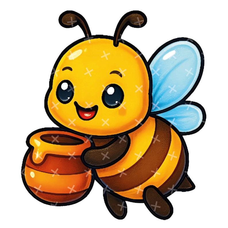 May include: A cartoon illustration of a smiling bee holding a honey pot. The bee is yellow and brown with blue wings. The honey pot is orange and brown.
