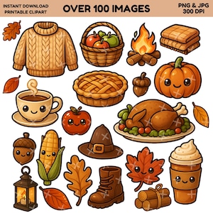 Kawaii Fall Autumn Clipart PNG & JPG Bundle