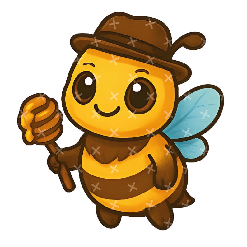 May include: A cartoon illustration of a bee wearing a brown hat and holding a honey dipper. The bee has a yellow and brown striped body, large eyes, and blue wings. The honey dipper is a light brown color.