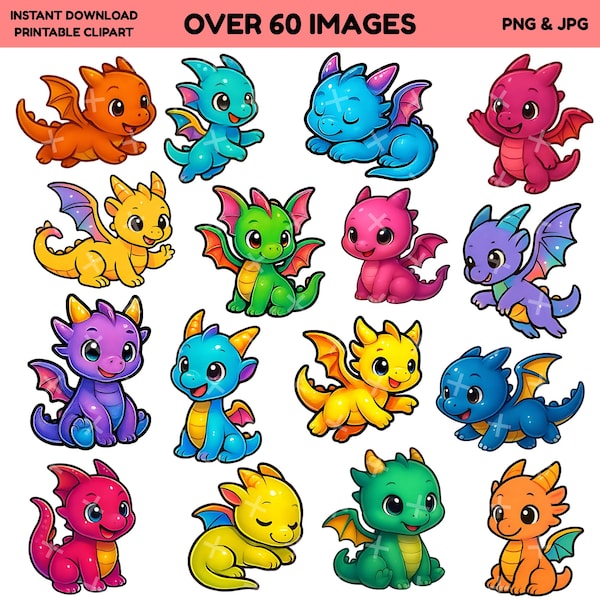 Kawaii Dragon Clipart PNG & JPG Bundle