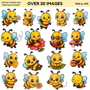 May include: A collection of over 30 cartoon bee images in PNG and JPG formats. The bees are yellow and brown with blue wings, and some are holding flowers, honeycombs, or reading books. Text includes "Instant Download Printable Clipart".