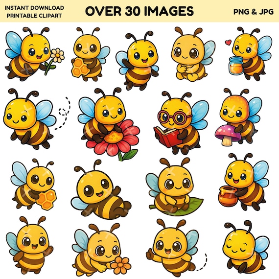 Kawaii Bee Clipart PNG & JPG Bundle