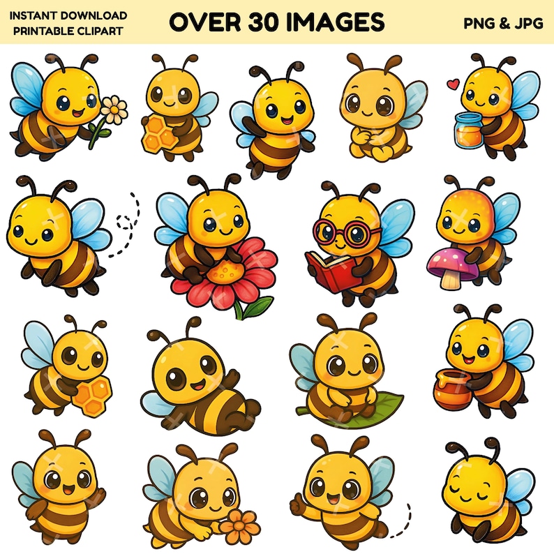 May include: A collection of over 30 cartoon bee images in PNG and JPG formats. The bees are yellow and brown with blue wings, and some are holding flowers, honeycombs, or reading books. Text includes "Instant Download Printable Clipart".