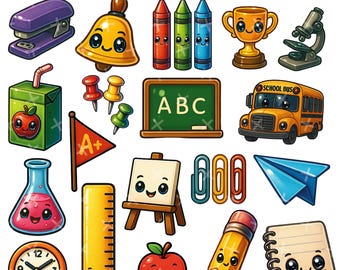 Kawaii School Clipart PNG & JPG Bundle
