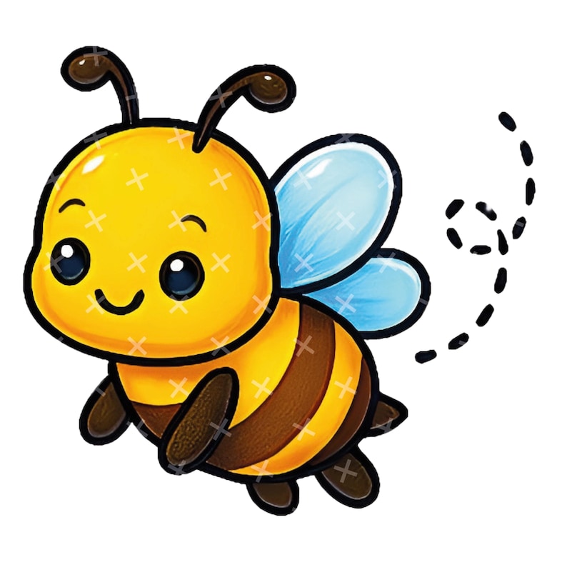 May include: A cartoon illustration of a smiling bee with a yellow body, brown stripes, and blue wings. The bee has large, black eyes and is flying with a dotted trail behind it. The image is on a white background.