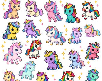 Paquete de imágenes prediseñadas de unicornio kawaii PNG y JPG