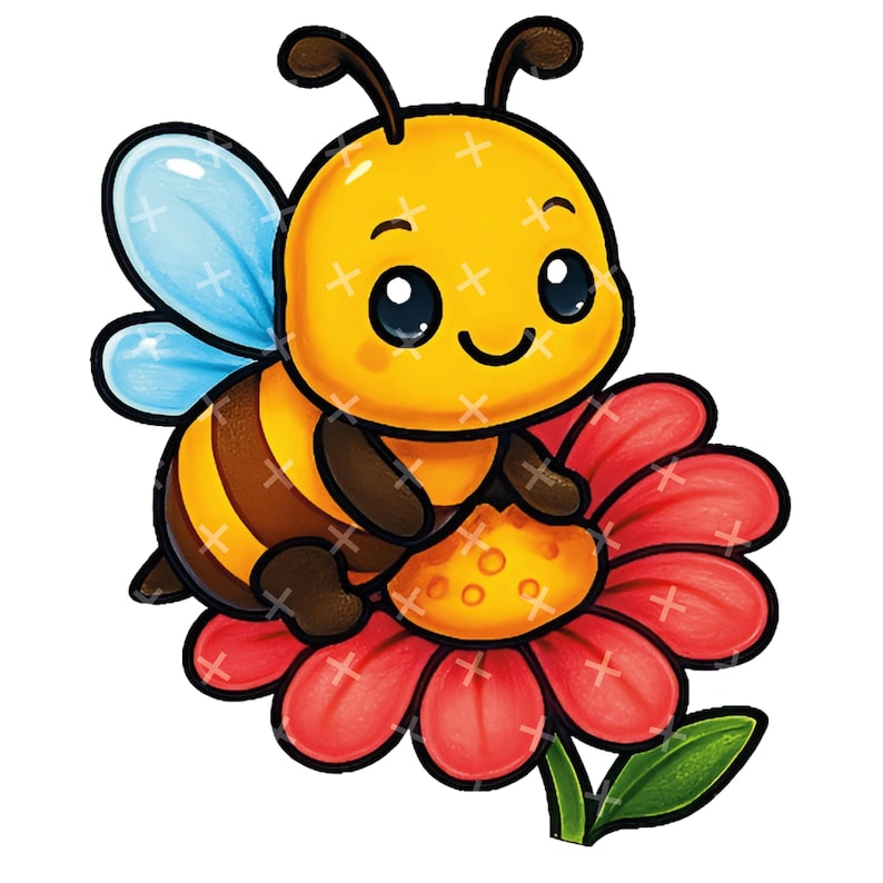 May include: A cartoon illustration of a yellow and brown bee with blue wings, perched on a red flower with a yellow center and green leaf. The bee has a smiling face and is a cute, whimsical design.