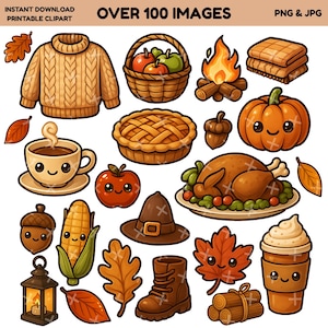 Könnte beinhalten: Eine Sammlung digitaler Clipart-Bilder zum Thema Herbst. Enthält einen Zopfstrickpullover, einen Korb mit Äpfeln, ein Lagerfeuer, einen Kürbis, einen Kuchen, eine Tasse Kaffee, einen Truthahn, einen Hut, einen Stiefel und Herbstblätter. Der Text oben lautet "OVER 100 IMAGES".