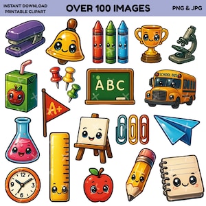 Kawaii School Clipart PNG & JPG Bundle
