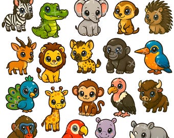 Paquete de imágenes prediseñadas de safari kawaii PNG y JPG