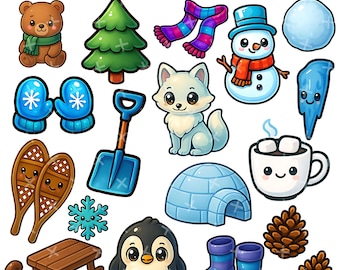 Paquete de imágenes prediseñadas de invierno kawaii PNG y JPG