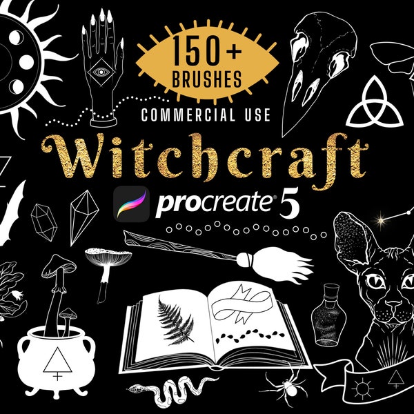 150+ Witchcraft Procreate Pinselstempel, mystische Pflanzen, heilige Geometrie. Sonne und Mond, Galaxie, Goldpinsel, Tattoopinsel für kommerzielle Nutzung