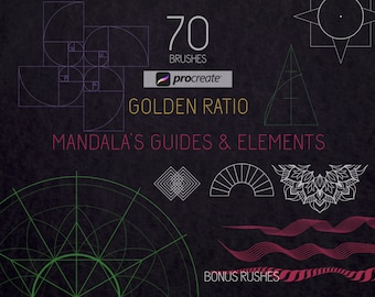 Brosses Golden Ratio pour Procreate 70 Mandala Guides & elements. Mandala creator brush pack. Outil de conception de tatouage. Bonus 3 brosses ornementales