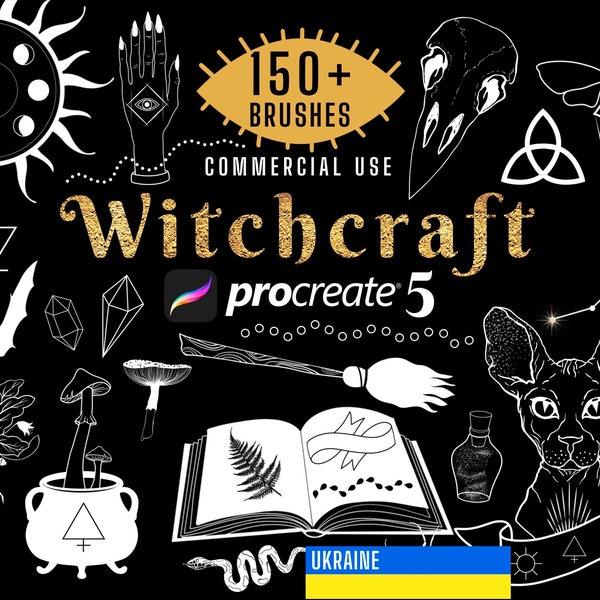 Ukraine 150+ Witchcraft Procreate Pinselstempel, mystische Pflanzen, heilige Geometrie. Sonne und Mond, Galaxie, Goldpinsel, Tattoopinsel