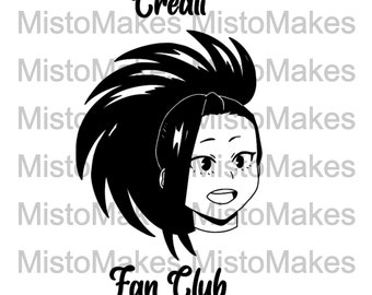 May include: Black and white illustration of a female anime character with spiky hair and a determined expression. The text "Creati Fan Club" is below the image.