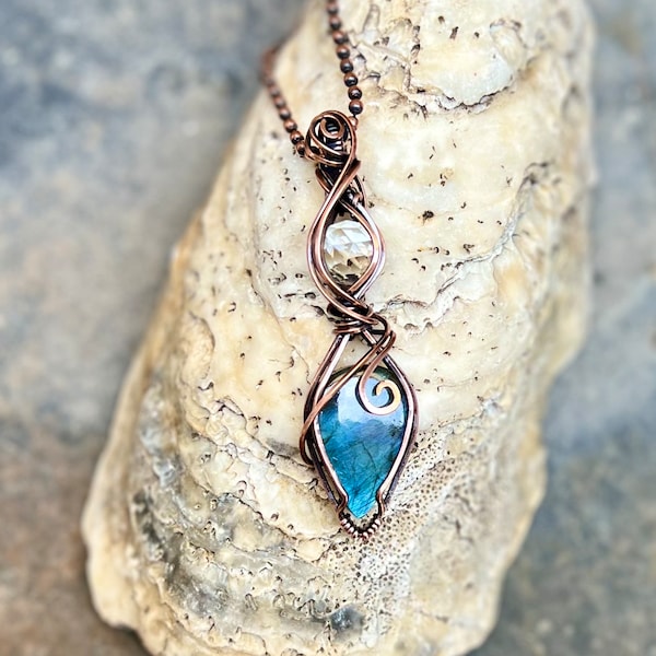 Blue Labradorite and Clear Rose Cut Quartz  Pendant Wrapped with Copper